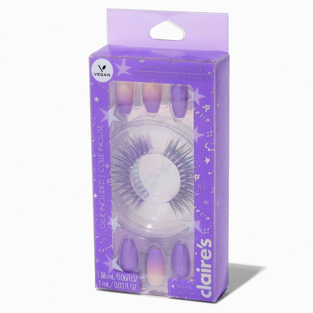 False Lashes & Purple‎ Ombré Stiletto Vegan Faux Nail Gift Set - 24 Pack